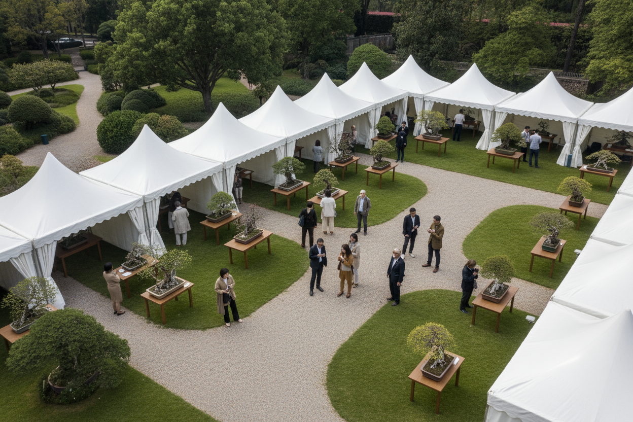 to an aerial shot of a gather of people discussing bonsai.  it should be outdoors.  include event-style tents with bonsai